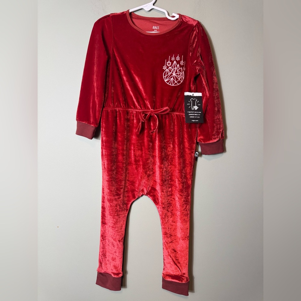 Rags Girls Velour Cranberry Red Geo Snowflake Christmas romper 3/4Y NWT